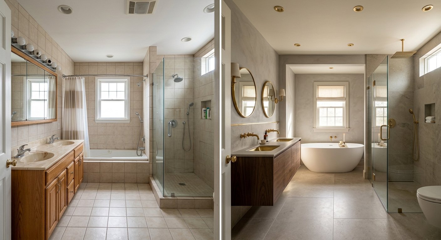 beige tiled bathroom with oak vanity and combined tub-shower becoming a gray stone bathroom with double vanity, freestanding tub, and walk-in shower