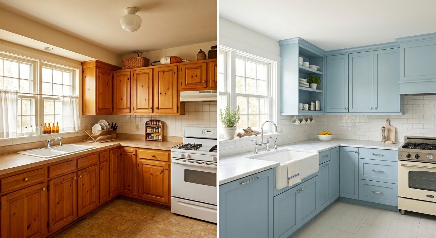 orange-stained pine kitchen cabinets becoming painted soft-blue cabinets with marble countertops
