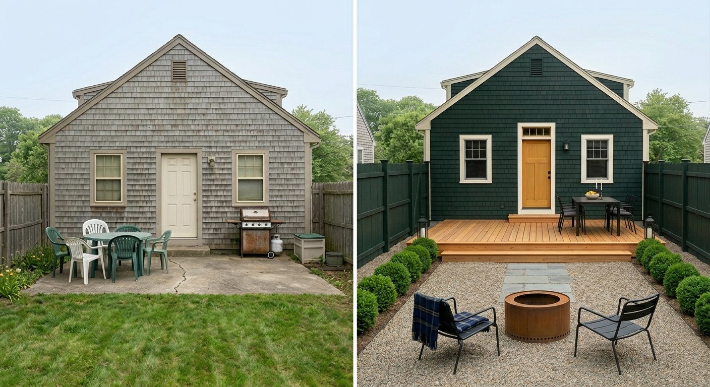 weathered cedar-shingle Cape with cracked concrete patio becoming a dark green Cape with a new wood deck, gravel patio, and clipped boxwoods