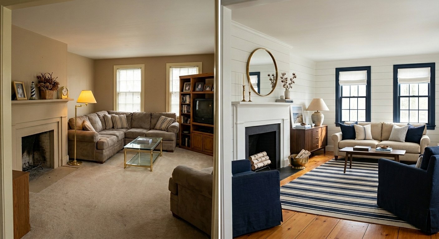 beige living room with wall-to-wall carpet and sectional becoming a living room with exposed wood floors, shiplap walls, and a white-painted fireplace
