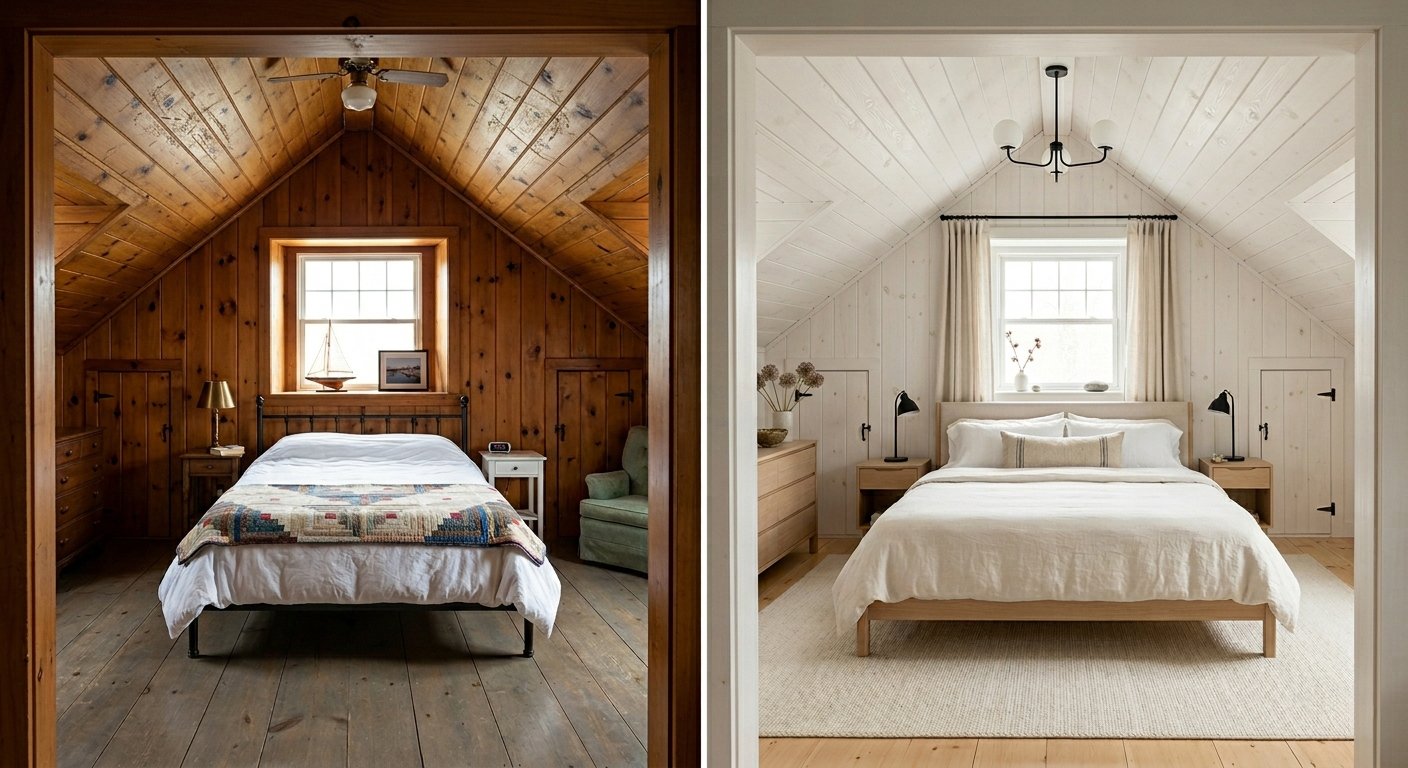 attic bedroom with knotty pine walls and ceiling becoming a whitewashed attic bedroom