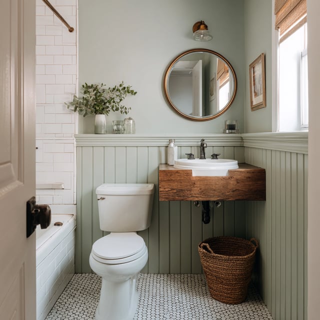 A small bathroom with green walls, a wooden sink vanity, a round mirror, and a white toilet next to a tiled shower.