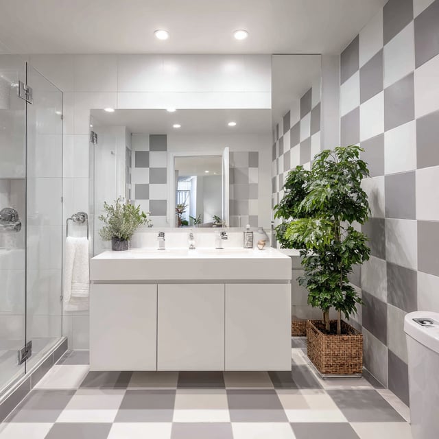 Bathroom with checkerboard floor and walls in gray