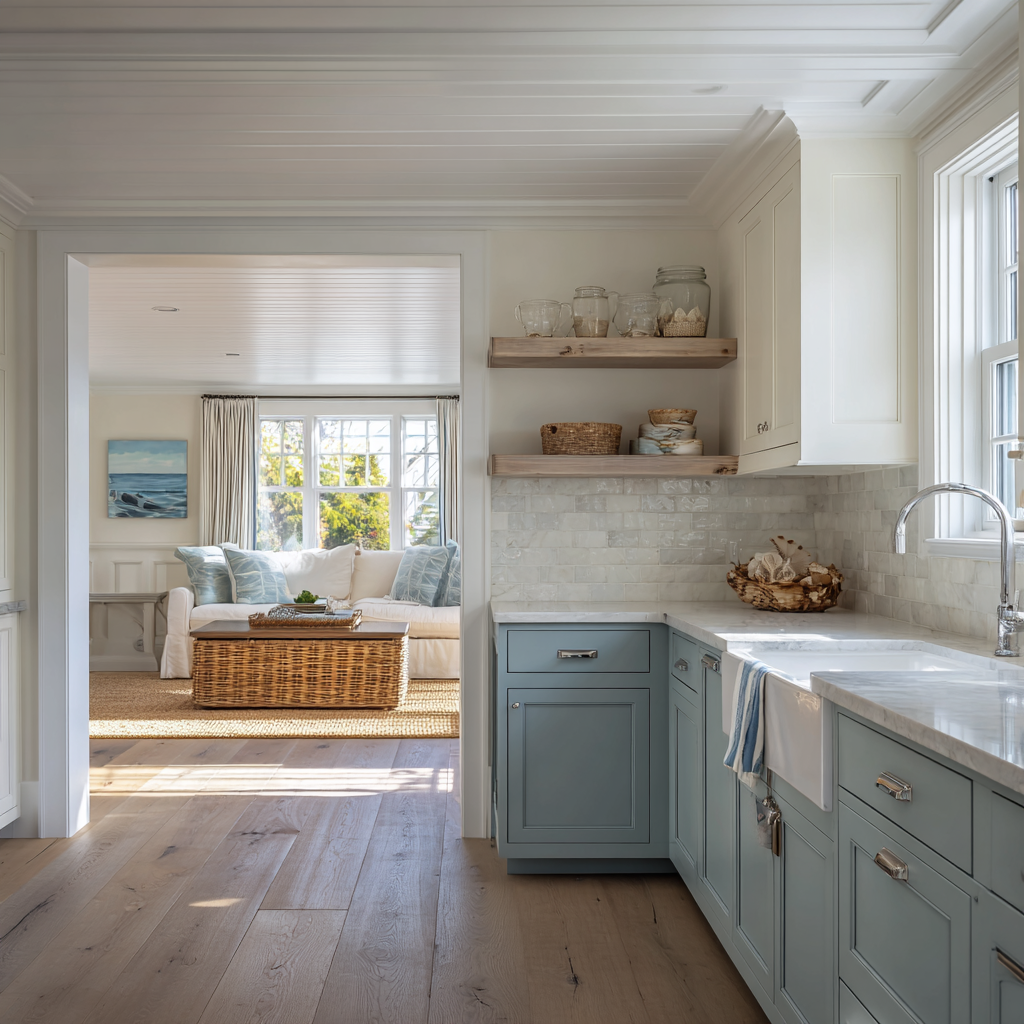 Image: A ranch kitchen with soft blue-gray lower cabinets, crisp white upper cabinets, a white fireclay farmhouse sink, and a clear view through a wide, low window above the sink dressed in simple white cotton cafe curtains on a thin brass rod.