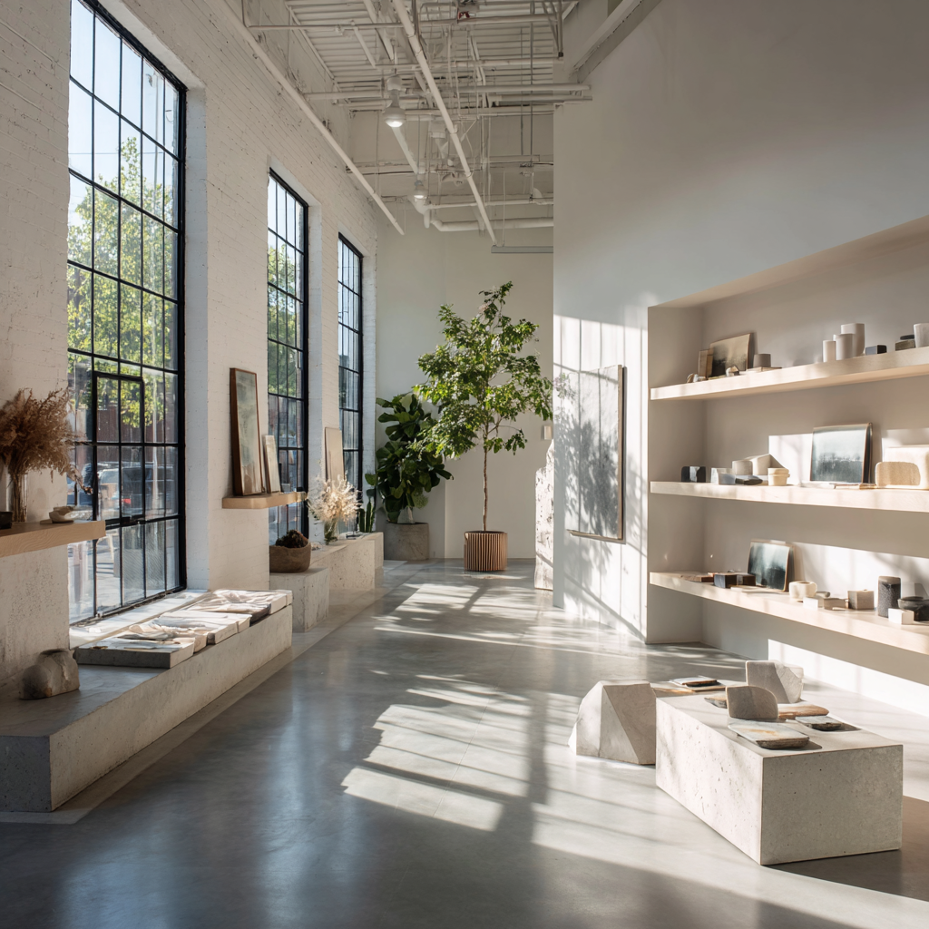 A minimalist retail space with polished concrete floors, tall windows, and natural light.