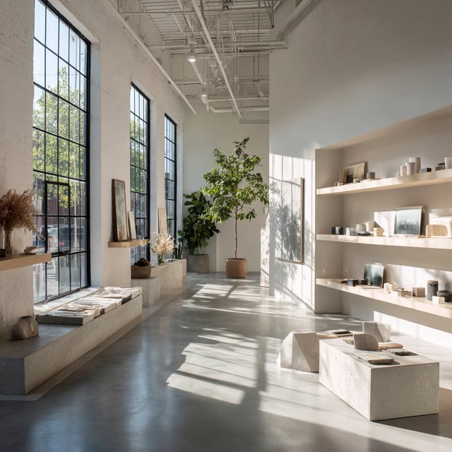 Minimalist store with polished concrete floors and big windows.