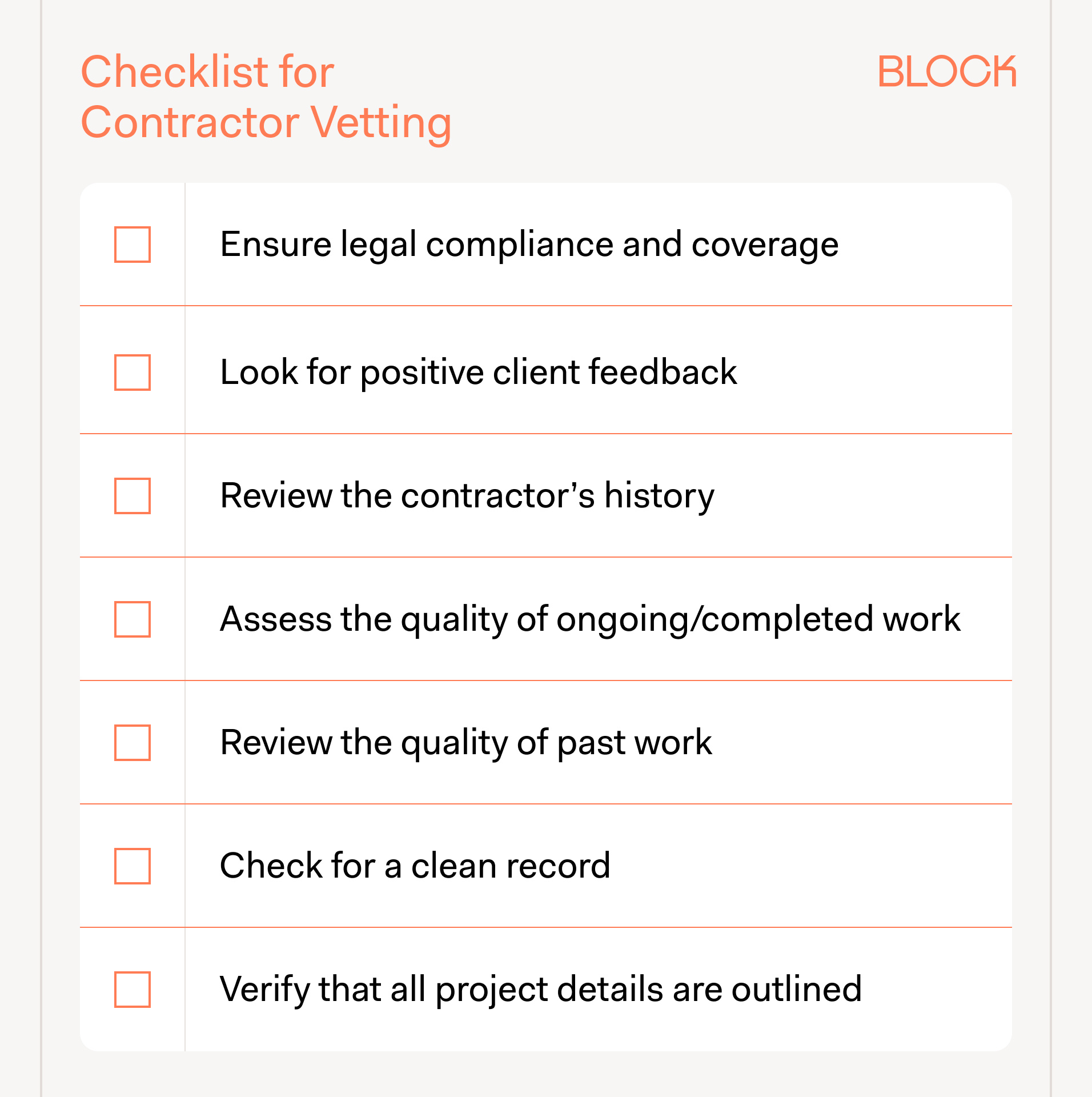 Written checklist for contractor vetting