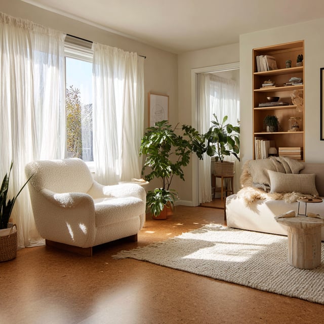 An image depicting a sunlit living room with cork flooring, a white sherpa armchair, and light-colored furniture.