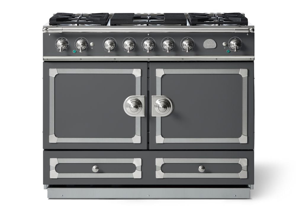 A sleek grey La Cornue gas range with satin chrome accents.