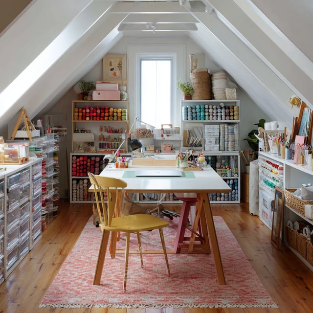 Attic craft room with yarn, a white desk, and a pink rug.