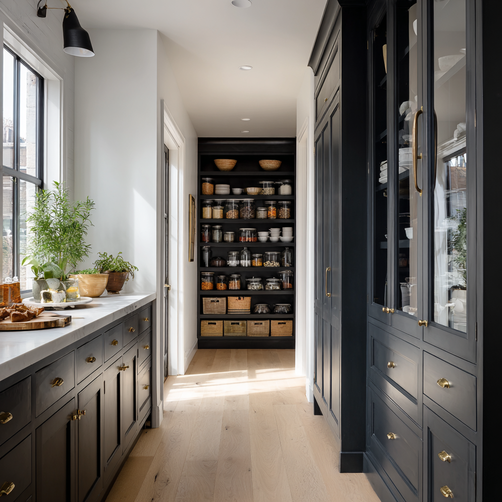 Dark cabinets and pantry bungalow kitchen