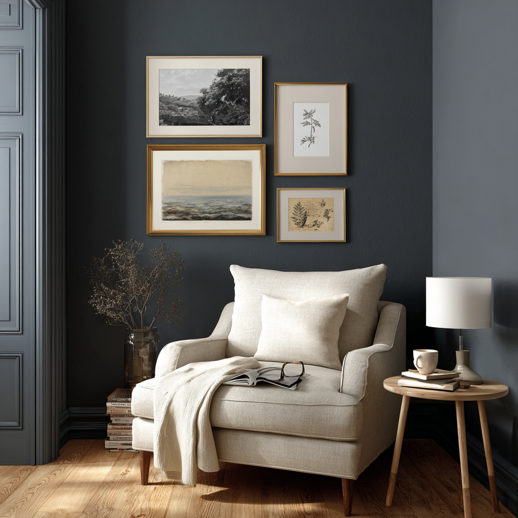 Dark charcoal walls contrast a light chair and wood floors.