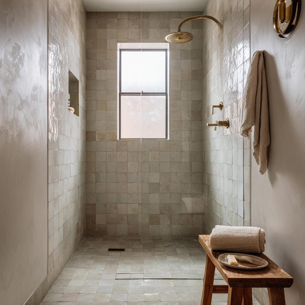 Tiled walk-in shower with a window and a wooden stool.