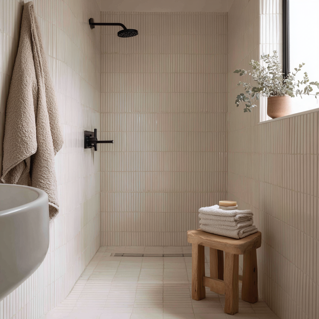 Beige tiled bathroom with a wooden bench and black fixtures.