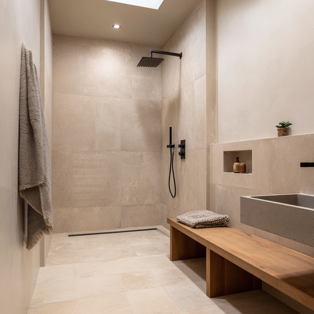 Beige tiled bathroom with a wooden bench and black fixtures.