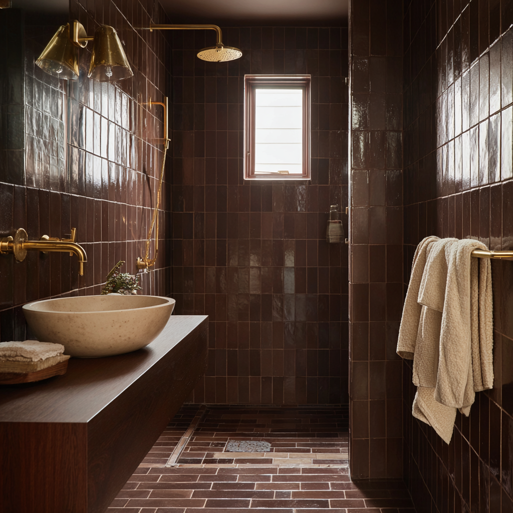 Brown tiled bathroom with gold fixtures and a stone bowl sink.