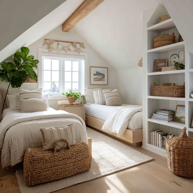 Bright attic bedroom with white walls, natural wood beams and floors, twin platform beds, woven baskets, and coastal farmhouse design in soft neutral tones.