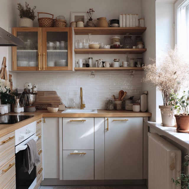 A cozy, sunlit kitchen with wood accents, white cabinets, open shelves, and potted plants.