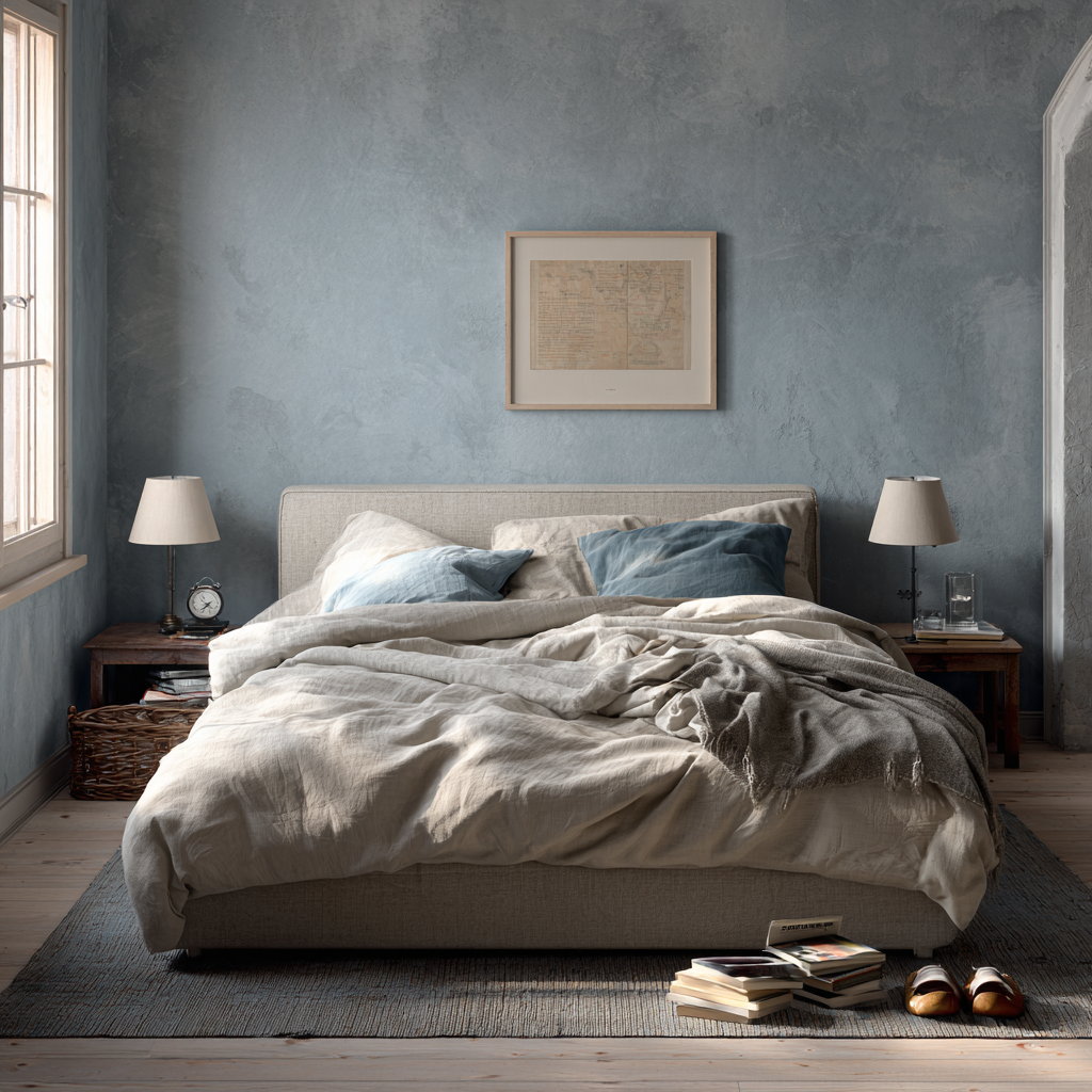 Dusty blue plaster walls pair with linen bedding and wood.
