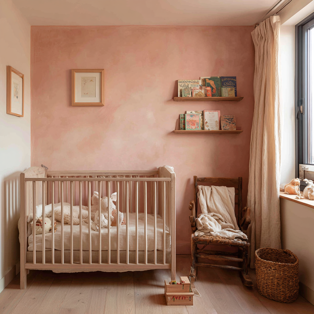 Dusty pink plaster walls frame a rustic wood crib and nook.