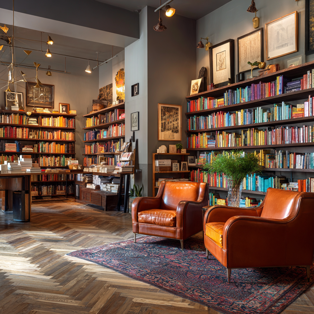 A cozy bookstore with herringbone wood floors, leather chairs, and wall-to-wall bookshelves.