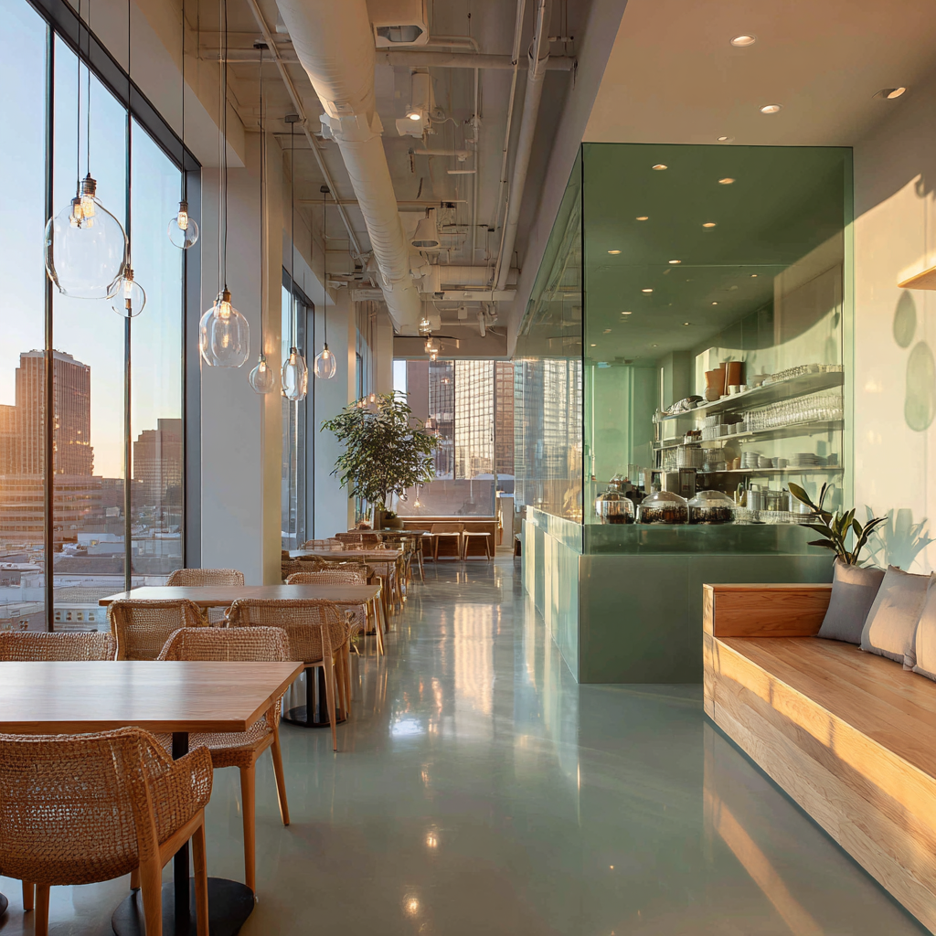 A bright modern café with glossy floors, glass walls, and city views.