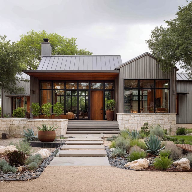 Modern home with metal roof, stone walls, and desert plants.