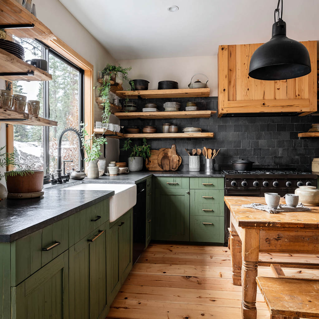 Image: A ranch kitchen with olive green shaker cabinets, a black tile backsplash, honed soapstone countertops, a white farmhouse sink, and a worn pine farm table serving as the island. The ceiling feels low and intimate rather than cramped.