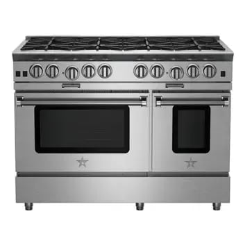 Large BlueStar Platinum Series stainless steel range with double ovens.