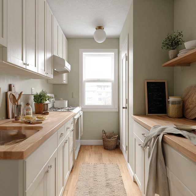 Sage green walls meet white cabinets and wood countertops.