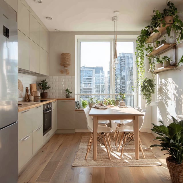 modern Scandinavian kitchen with white and light wood color scheme and green plants
