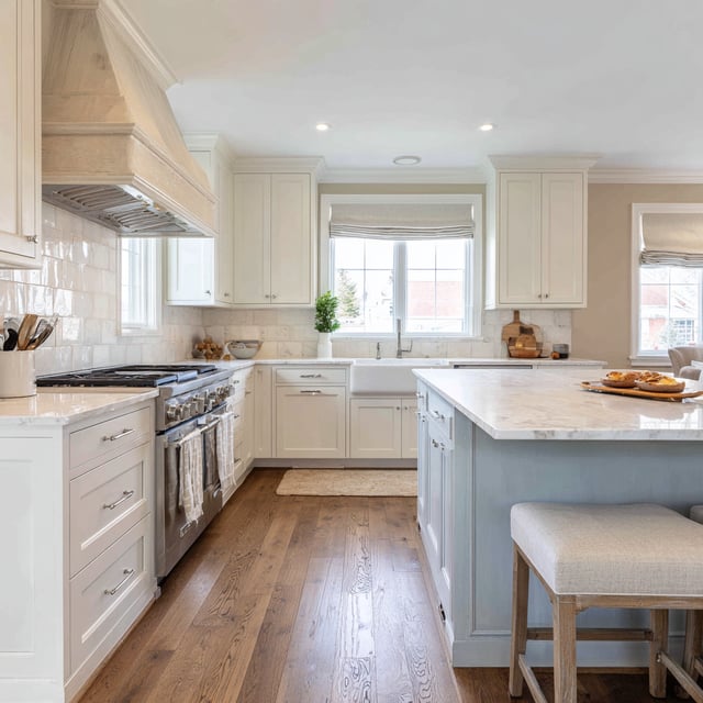 A bright, L-shaped kitchen featuring white upper and lower cabinets, a blue-gray island with a marble countertop, and light hardwood floors.