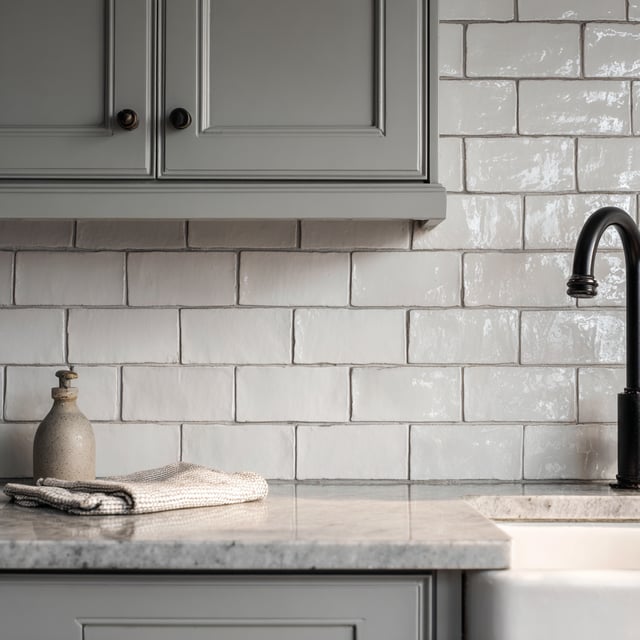 Gray kitchen cabinets over white subway tile backsplash.