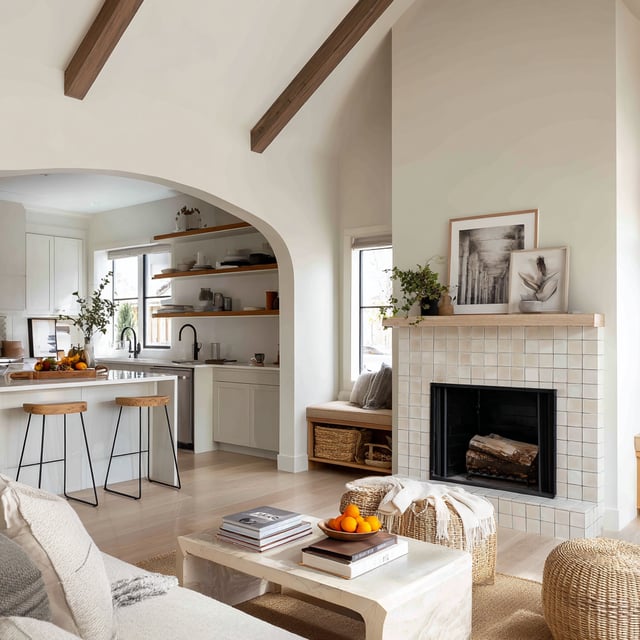  Modern home with tiled fireplace and arched kitchen entry.