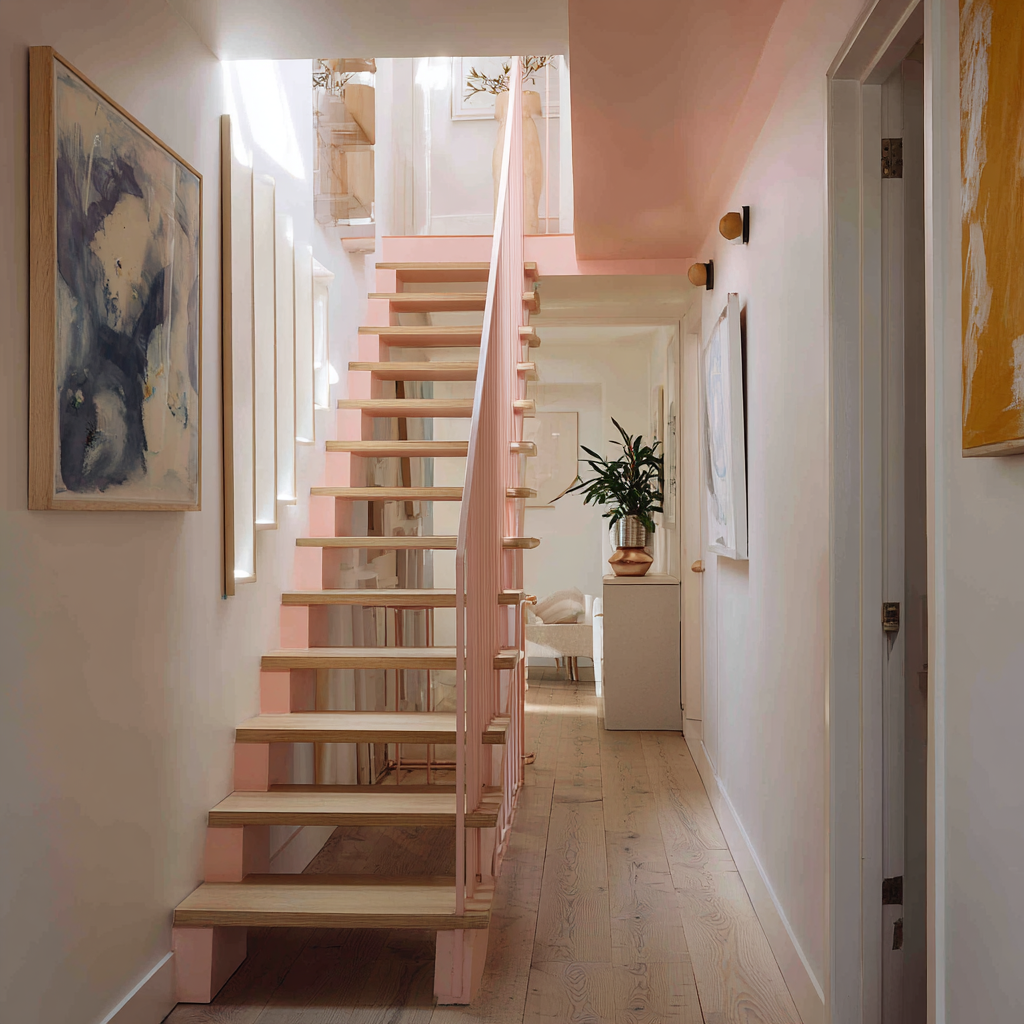 Floating stairs to attic with pink banister