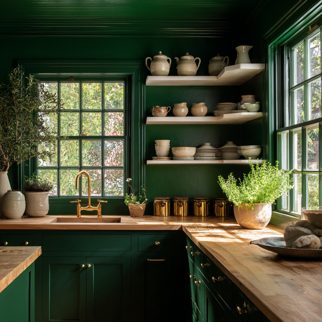  Forest green kitchen with wood counters and gold accents.