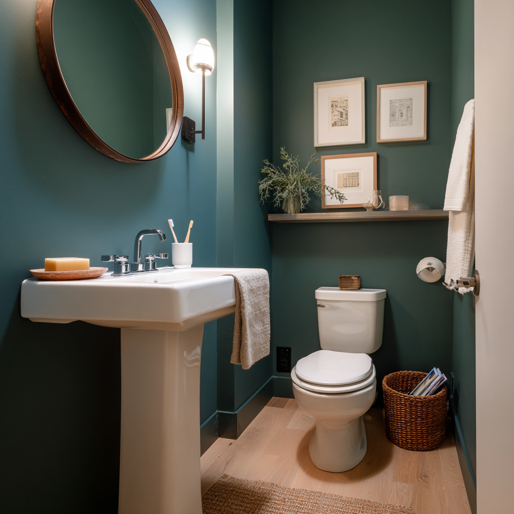  Deep teal walls accent a white sink and light wood floors.