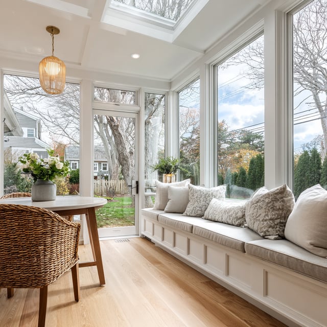 Bright sunroom with a white window seat and wicker chairs.