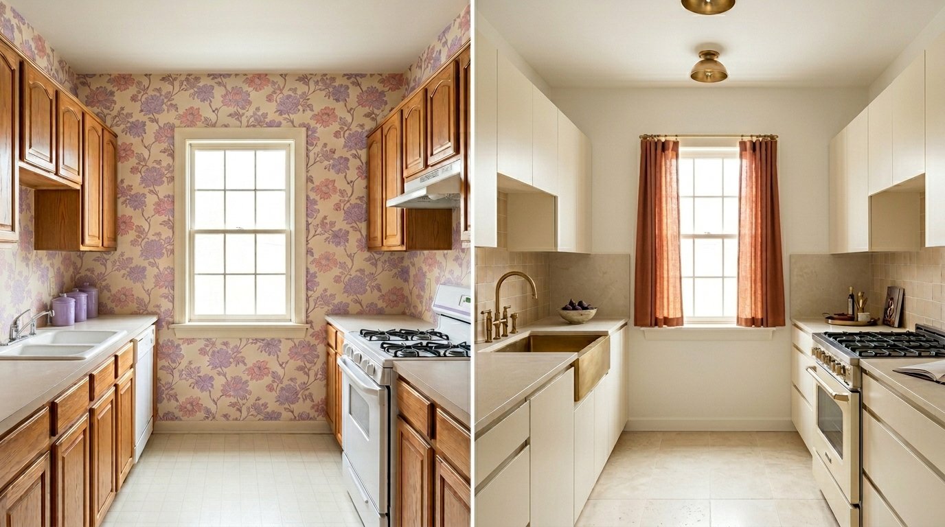 Before and after of a galley kitchen remodel with bright modern updates.