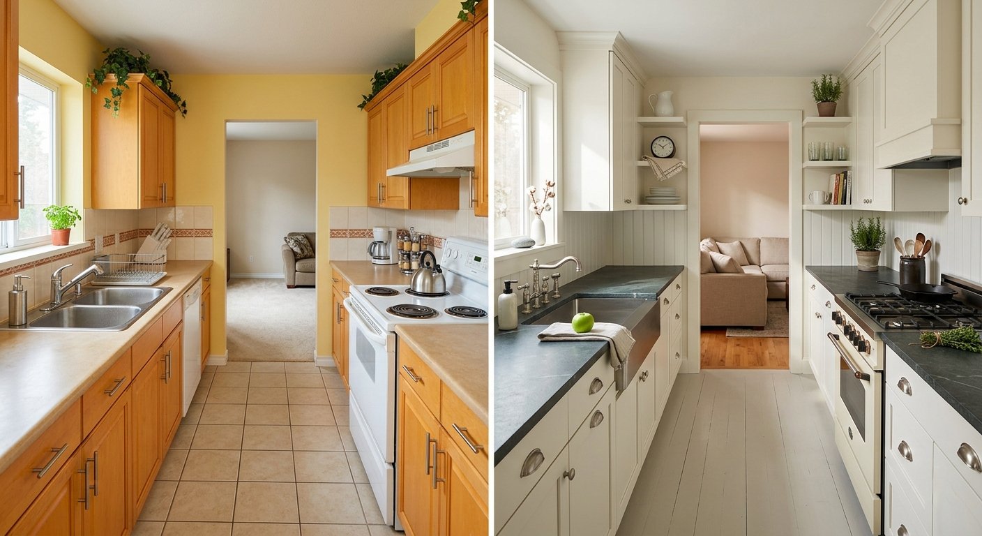 Before and after of a kitchen remodel with crisp white painted cabinets.