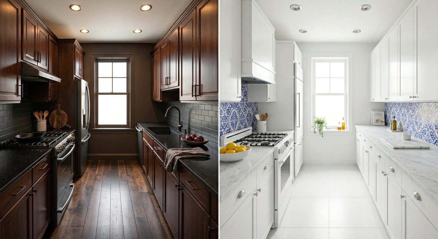 Before and after of a galley kitchen remodel with bright white cabinets.