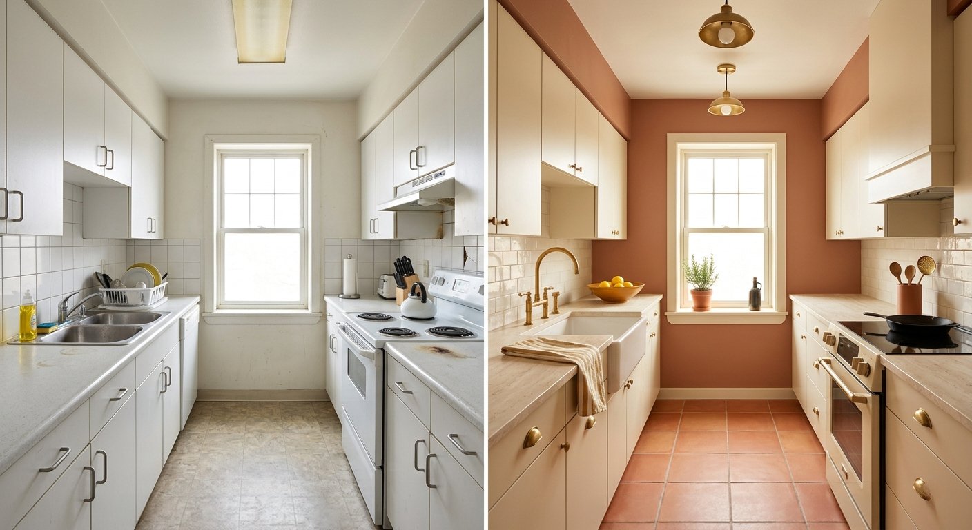 Before and after of a galley kitchen remodel with warm terracotta walls.