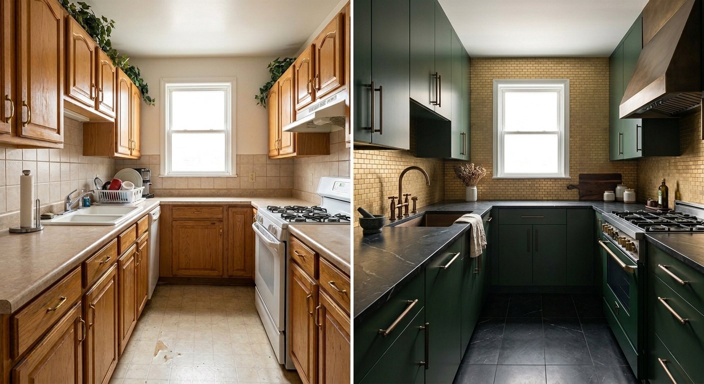 Before and after of a kitchen remodel with dramatic dark green cabinets.