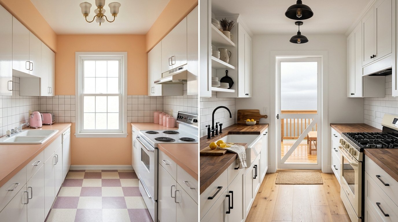 Before and after of a galley kitchen remodel with warm wood countertops.