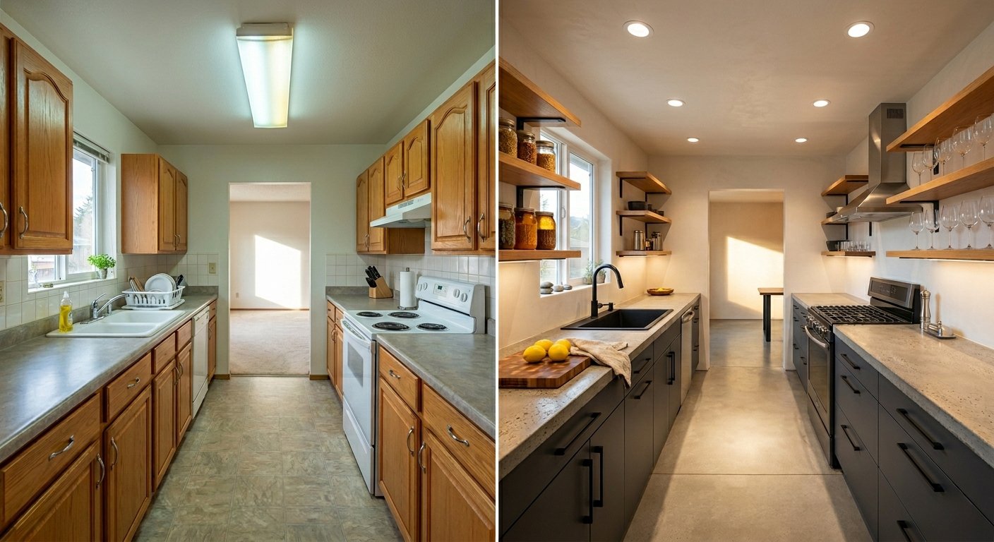 Before and after of a galley kitchen remodel with modern dark cabinetry.
