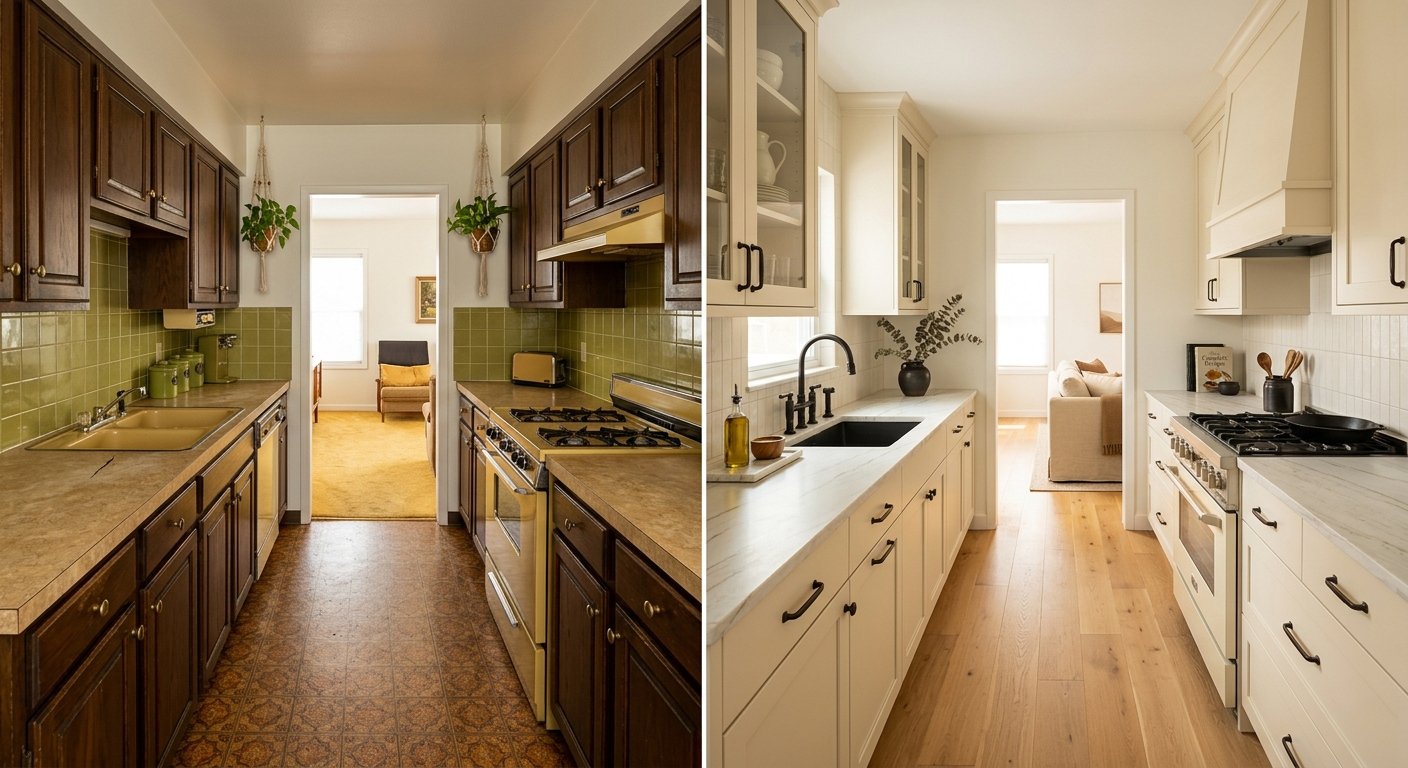 Before and after of a galley kitchen remodel with creamy white cabinets.