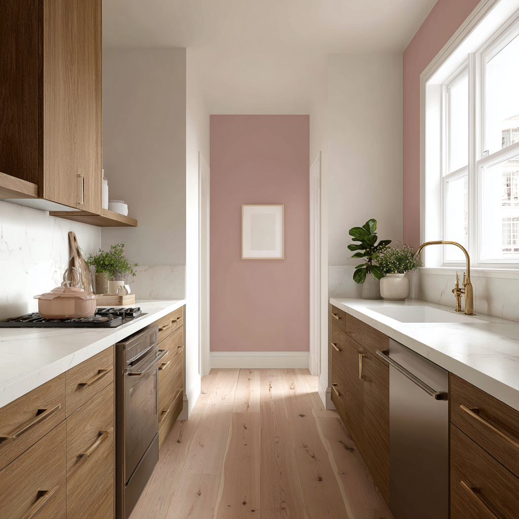 Mauve accent walls pop against wood cabinets in a galley kitchen.