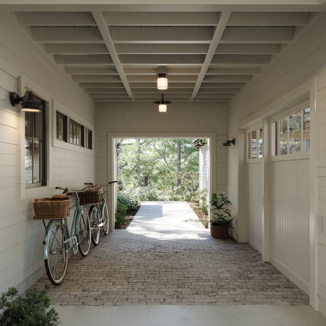 A clean, white breezeway with a cobblestone floor.