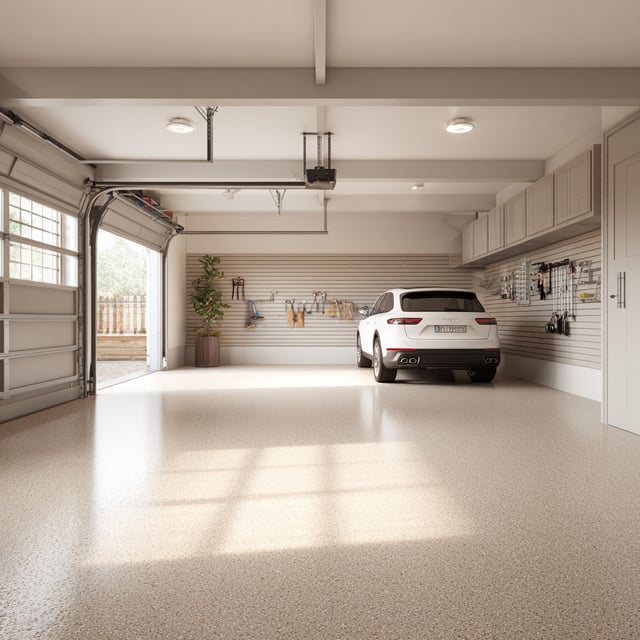 A clean, modern garage with a white SUV, epoxy-coated floor, built-in wall storage, and overhead lighting.