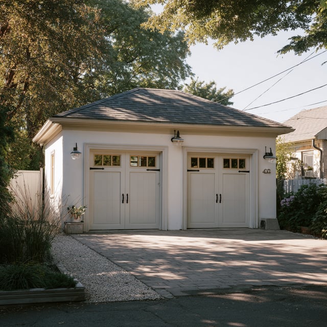 White garage with carriage doors, paved drive, and trees.